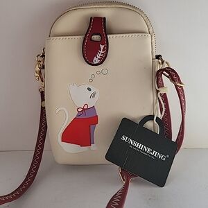 Sunshinejing Cream and Red Cat Design Crossbody Bag NWT